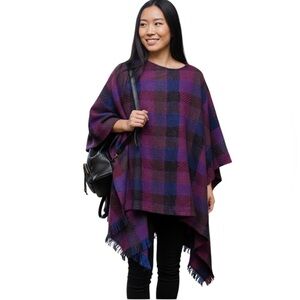 100% WOOL Purple, Pink, Blue Plaid Poncho Wrap One Size Cape Fringe Blanket EUC